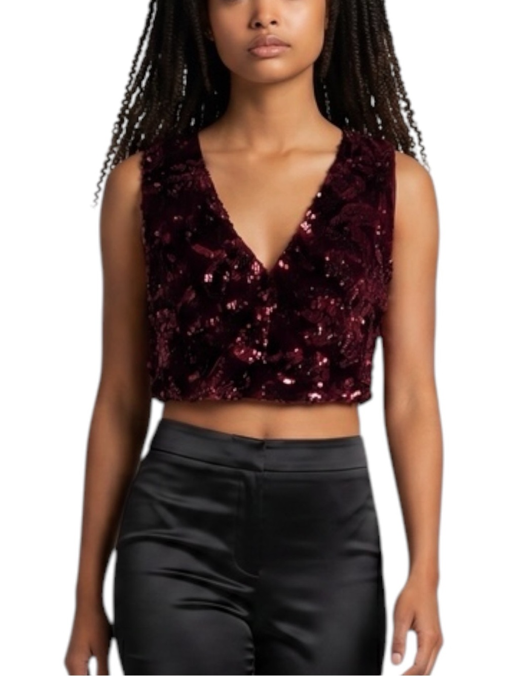 FashionNova Burgundy Velvet Sequined Rave Disco Party Cropped Top NWOT Size L